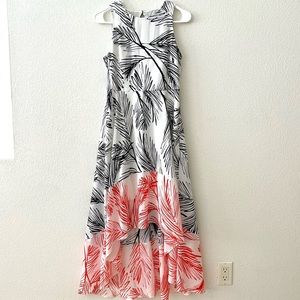 Vince Camuto High Low Sleeveless Dress Cream w/ Black & Orange Palm Leaves Sz2